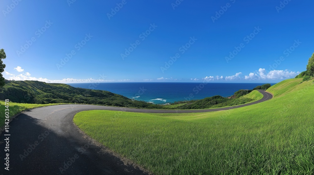Obraz premium Wide view of a road surrounded by lush green grass 