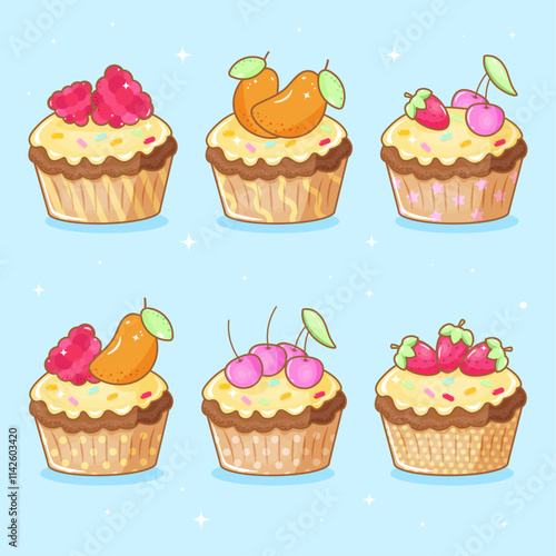 Vector cupcakes with different fruits and colored sugar sprinkles
