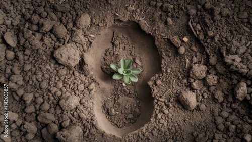 Small plant growing inside a footprint in textured soil photo