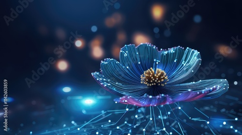 Digital Cosmos Flower Futuristic Bloom, Networked Petals, Glowing Lights photo