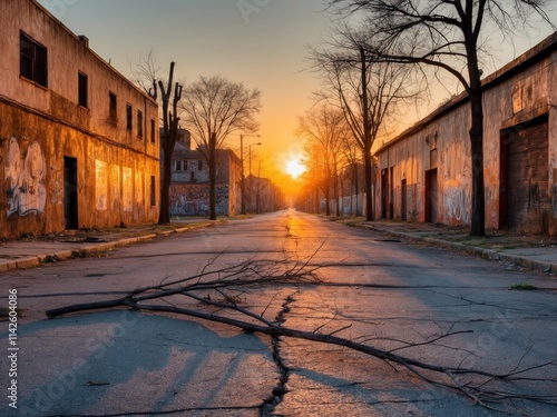 Abandoned urban street with fallen branches at sunset photo