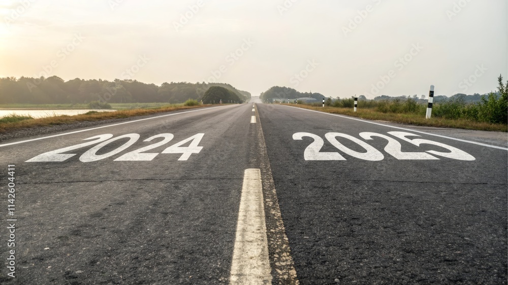 Road to 2025: New Year, New Journey - Asphalt road, years 2024 and 2025 painted, sunrise, journey, future. Represents progress, time, new beginnings and planning. Road to 2025: New Year, New Journey - Asphalt road, years 2024 and 2025 painted, sunrise, journey, future. Represents progress, time, new beginnings and planning.