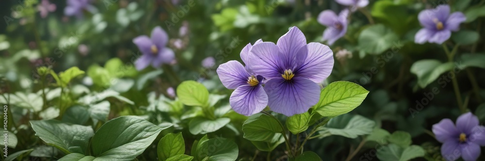 Wild violet flower with soft pastel petals and lush green foliage, natural, growth, gentle, soft tones, springtime Wild violet flower with soft pastel petals and lush green foliage, natural, growth, gentle, soft tones, springtime