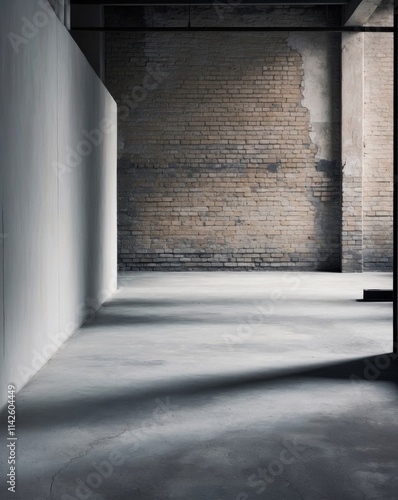 Empty Industrial Space with Brick Wall and Shadow Play on Concrete Floor photo