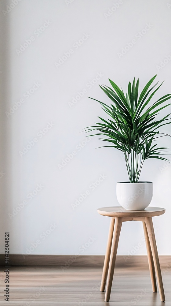 Green palm tree growing in white pot on small wooden table in minimalist room Green palm tree growing in white pot on small wooden table in minimalist room