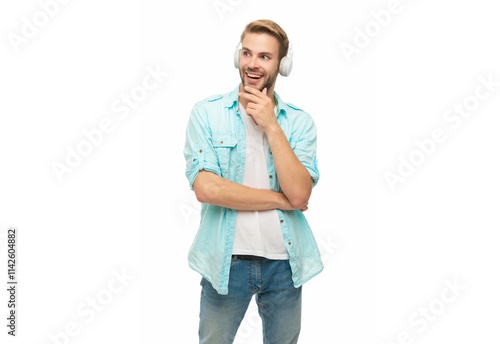 Generation z lifestyle. Man listening audio in music headphones. Caucasian man isolated on white. Student guy listen audio. Millennial man listen to music in headphones. Music concept. eLearning