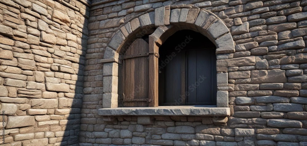 Obraz premium Wooden beam and stone brickwork of an ancient prison's roofline with a single window, medieval, beam