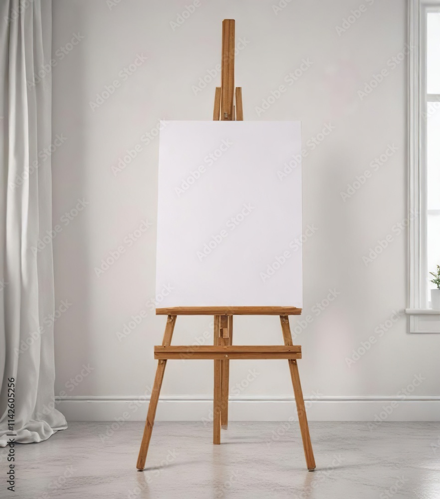 Wooden easel with blank canvas standing against plain white wall, studio, artist, empty Wooden easel with blank canvas standing against plain white wall, studio, artist, empty