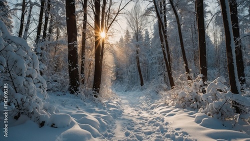 Sunbeams pierce a snow-covered forest path, creating a magical winter scene. The trees stand tall and majestic, their branches heavy with snow.