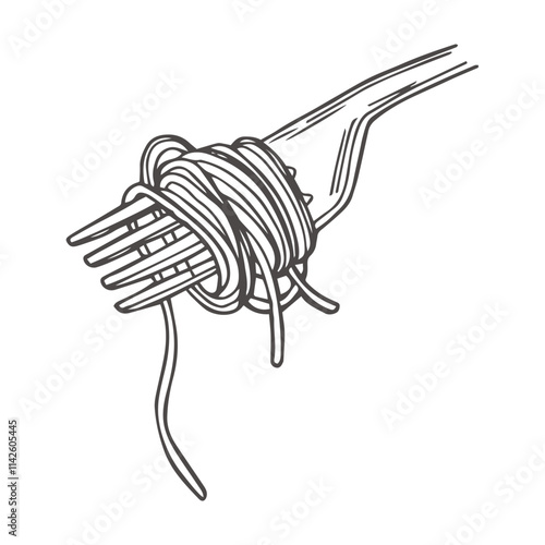 Fork with just spaghetti around. Italian food, pasta noodles sketch. Hand drawn vintage vector illustration