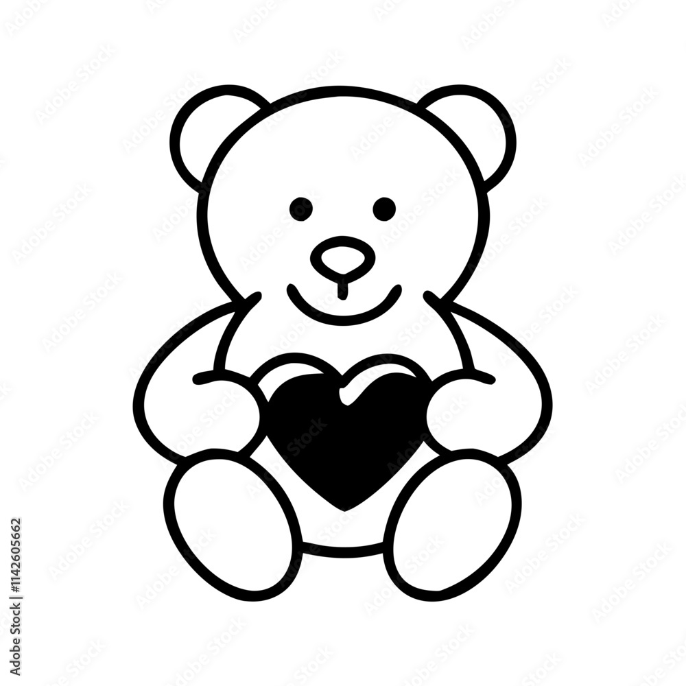 Happy teddy bear holding a heart in its paws in a cheerful minimalist line art style Happy teddy bear holding a heart in its paws in a cheerful minimalist line art style