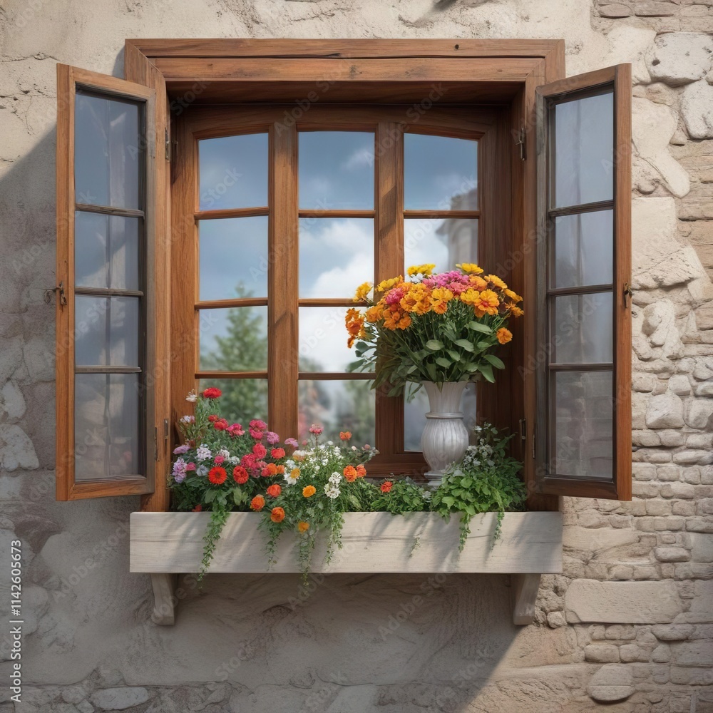 Wooden window frame with bouquet of flowers and ornamental wall frame, artistic touch, cottagecore, craftsmanship, wall decor Wooden window frame with bouquet of flowers and ornamental wall frame, artistic touch, cottagecore, craftsmanship, wall decor
