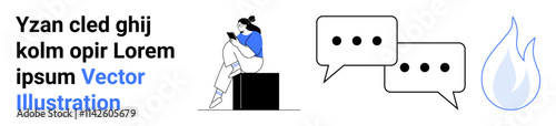 Young woman sitting reading a book, two text bubbles with chat dots, and a blue water droplet. Ideal for communication, education, social media, marketing, relaxation, lifestyle and wellness