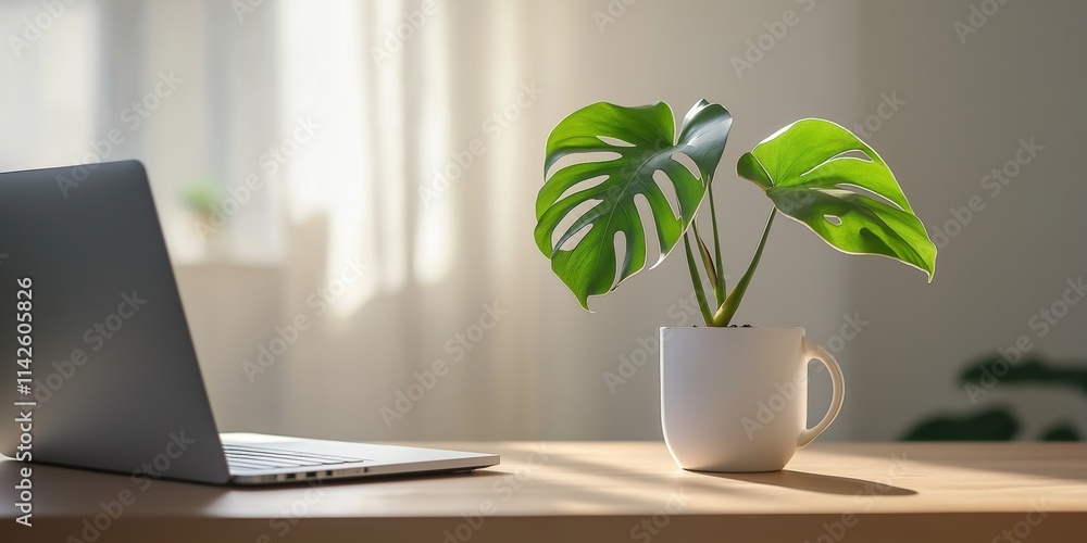 A laptop and potted plant sit on a desk, bathed in gentle light from a window in a minimalist room. A laptop and potted plant sit on a desk, bathed in gentle light from a window in a minimalist room.