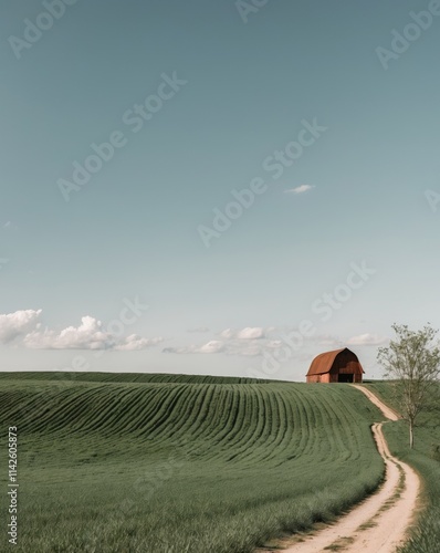 Lush Green Farmland Stretching Under Bright Blue Sky with Distant Barn photo