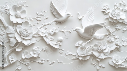 Elegant white bas-relief wall art featuring doves and flowers.