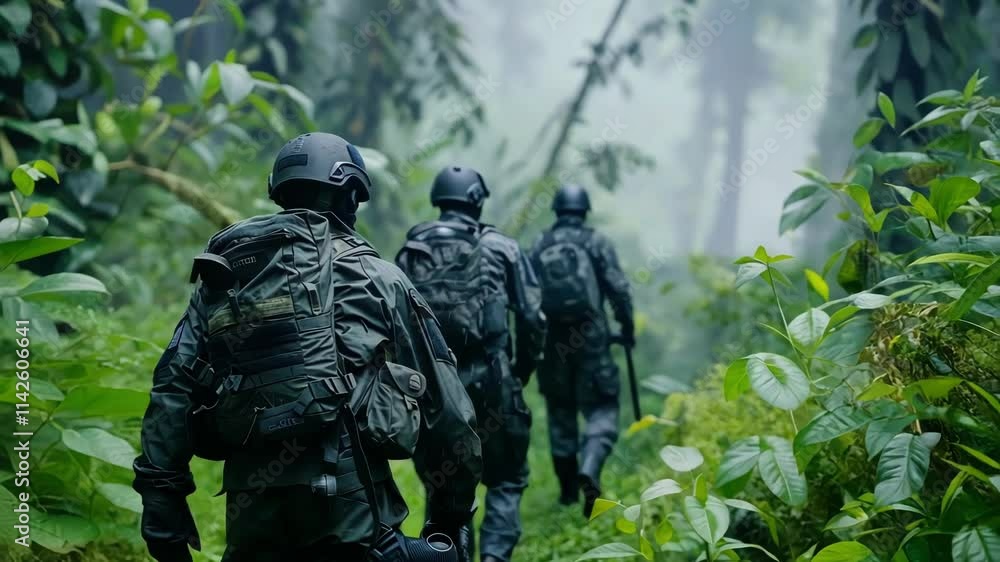 Special forces soldiers wearing camouflage uniforms and carrying backpacks are walking through dense jungle vegetation during a military operation in a rainforest Special forces soldiers wearing camouflage uniforms and carrying backpacks are walking through dense jungle vegetation during a military operation in a rainforest