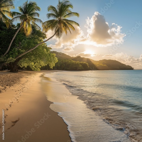 Picturesque view of the sandy beach surrounded by palm trees photo