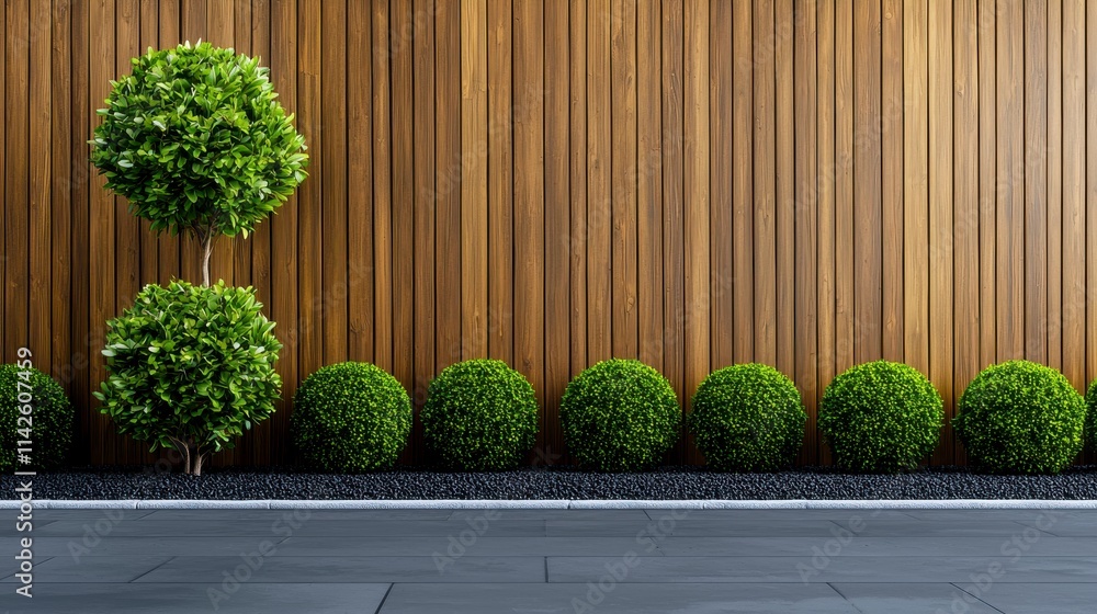 Fototapeta premium Modern Landscaping with Decorative Topiary Trees and Lush Green Bushes Against a Stylish Wooden Wall in an Elegant Outdoor Space