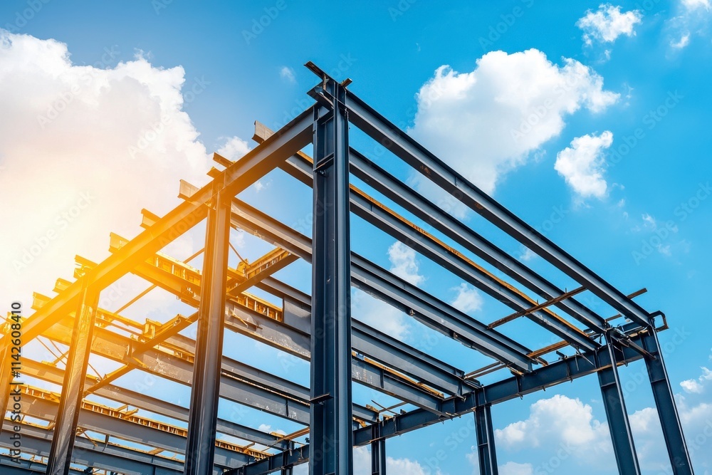 Steel Beam Construction Framework Against Blue Sky and Clouds with Sunlight, Modern Industrial Architecture Development and Engineering Design Elements Steel Beam Construction Framework Against Blue Sky and Clouds with Sunlight, Modern Industrial Architecture Development and Engineering Design Elements