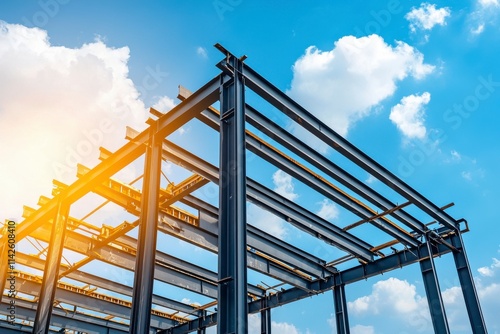 Steel Beam Construction Framework Against Blue Sky and Clouds with Sunlight, Modern Industrial Architecture Development and Engineering Design Elements