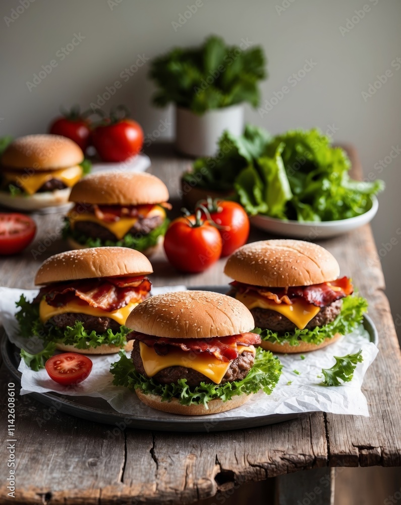 Freshly prepared ingredients for gourmet burgers on a wooden table Freshly prepared ingredients for gourmet burgers on a wooden table