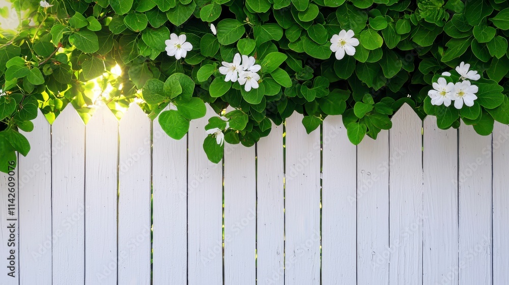 Lush Greenery with White Flowers Framing a Bright Wooden Fence, Symbolizing Tranquility and Nature's Beauty in a Serene Outdoor Setting Lush Greenery with White Flowers Framing a Bright Wooden Fence, Symbolizing Tranquility and Nature's Beauty in a Serene Outdoor Setting