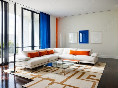 Modern Living Room with Blue and Orange Accents photo