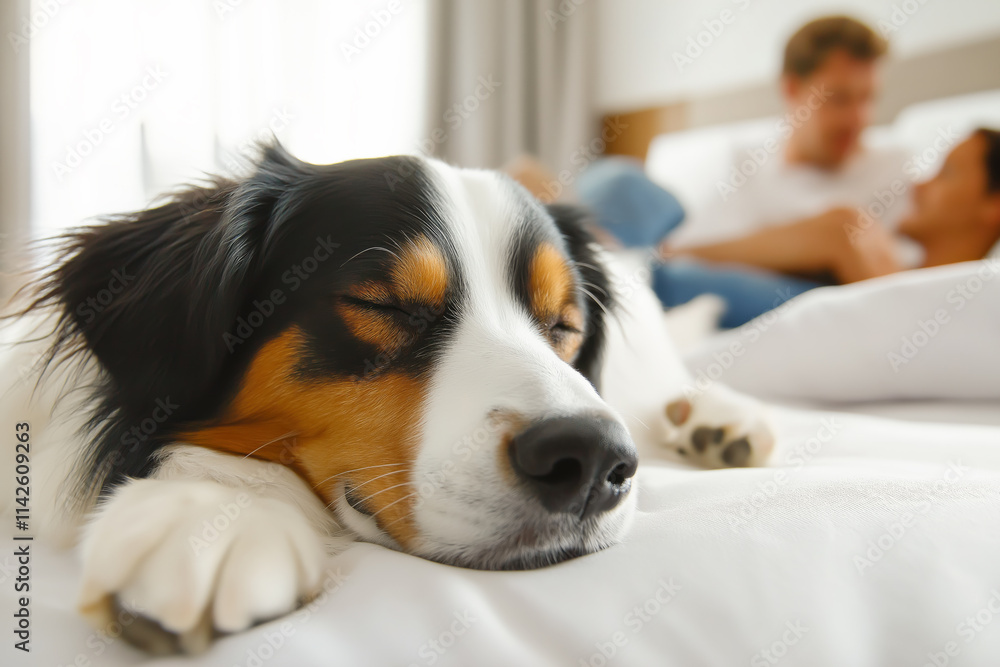 Obraz premium Peaceful dog sleeps on a bed with its owner resting in the background, creating a calm and cozy atmosphere
