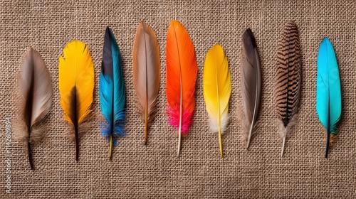 Colorful Feather Collection Displayed on Natural Burlap Background Showcasing Various Shapes and Patterns for Artistic and Creative Projects photo