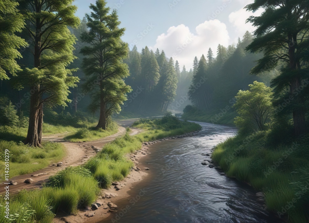 A meandering river winds its way through a dense forest, lined with tall trees and vibrant greenery , trees, natural, serpentine A meandering river winds its way through a dense forest, lined with tall trees and vibrant greenery , trees, natural, serpentine