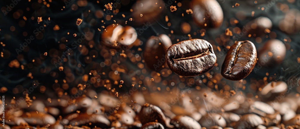 Roasted coffee beans falling against dark backdrop Roasted coffee beans falling against dark backdrop