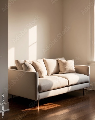 Cozy living room corner with modern sofa sunlight and wooden floor for relaxation or reading photo