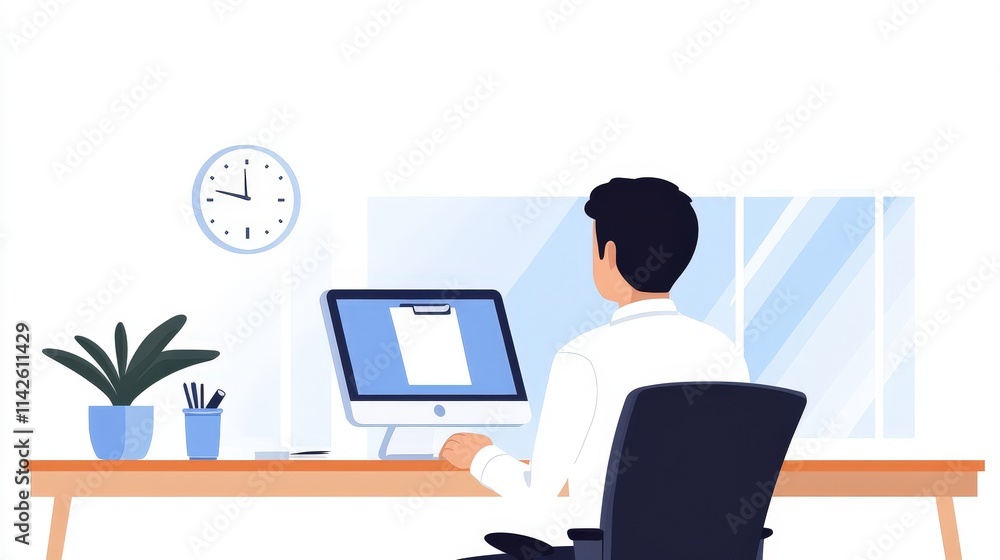Focused Man Working at Modern Desk with Computer in Bright Office Environment Surrounded by Books and Creative Tools for Productive Work Session Focused Man Working at Modern Desk with Computer in Bright Office Environment Surrounded by Books and Creative Tools for Productive Work Session