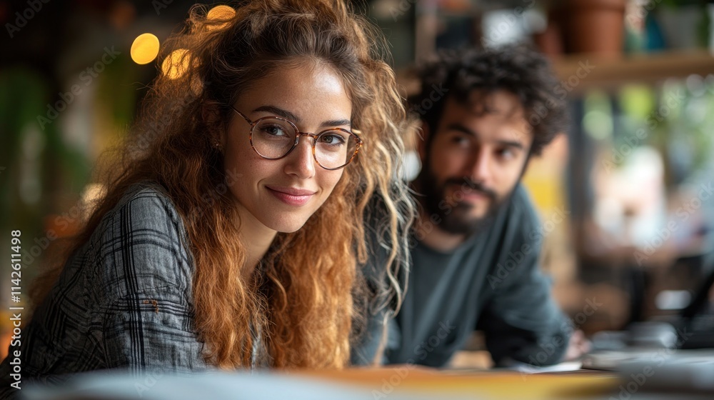 Two people in a cozy cafe, engaging and smiling. Two people in a cozy cafe, engaging and smiling.