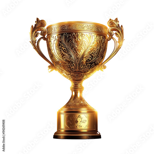 Golden trophy with ornate designs, isolated on PNG cutout background.