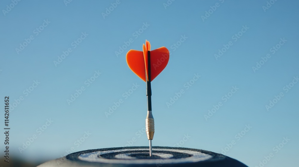 A dart with a heart-shaped flight embedded in a dartboard against a clear blue sky. A dart with a heart-shaped flight embedded in a dartboard against a clear blue sky.