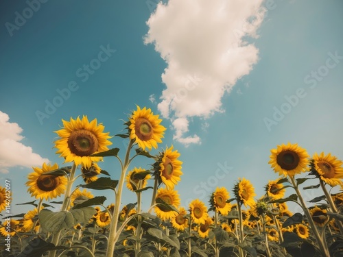 Golden Sunflower Field Reaching Toward Bright Cloudless Sky photo