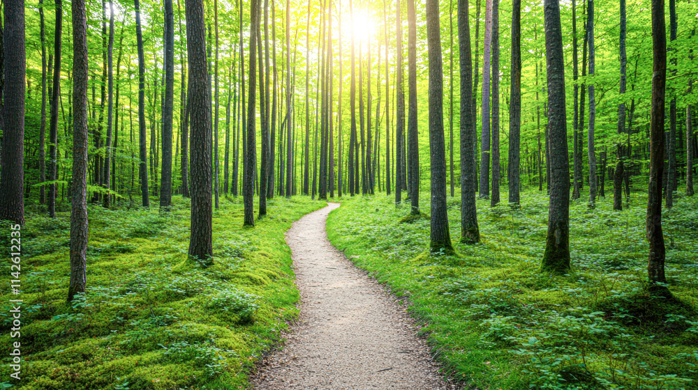 Obraz premium A path through a forest with sunlight shining through the trees