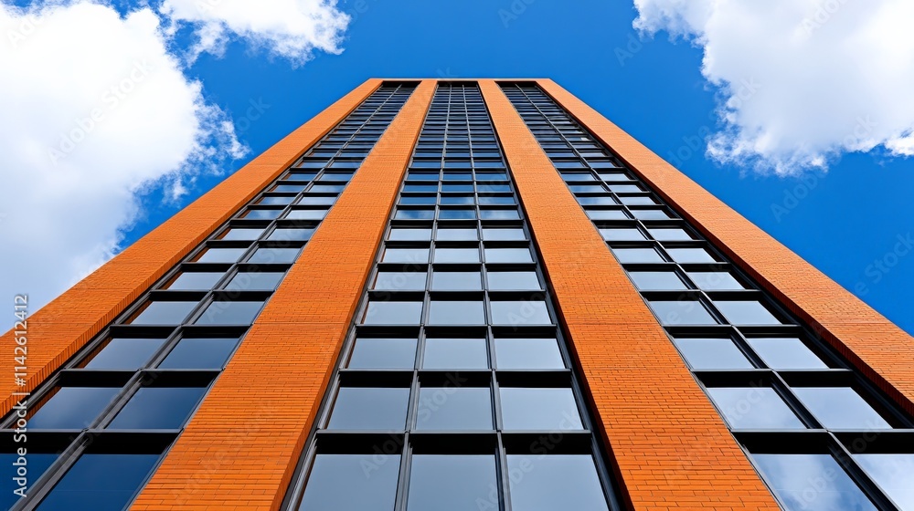Reaching for the Sky: A low-angle shot of a modern, terracotta-clad skyscraper against a vibrant blue sky, emphasizing its imposing height and architectural design. Reaching for the Sky: A low-angle shot of a modern, terracotta-clad skyscraper against a vibrant blue sky, emphasizing its imposing height and architectural design.