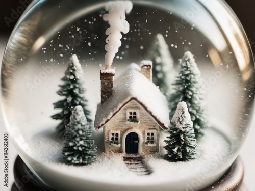 A miniature winter scene inside a snow globe featuring a small house and trees photo