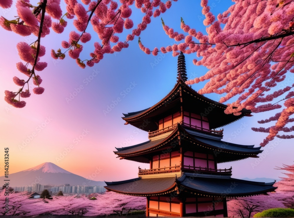Cherry blossoms bloom near pagoda with Mount Fuji in the background during sunset Cherry blossoms bloom near pagoda with Mount Fuji in the background during sunset