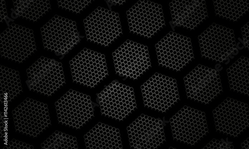  abstract black hexagonal pattern featuring a textured surface with metallic accents. Perfect for backgrounds, industrial concepts, or modern graphic designs.