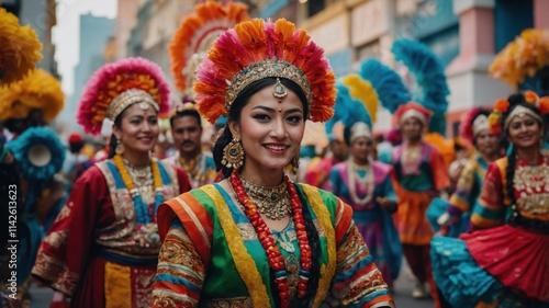 A young woman in vibrant traditional South Asian attire smiles radiantly amidst a lively parade. Her headdress is adorned with bright feathers, complementing her colorful ensemble.
