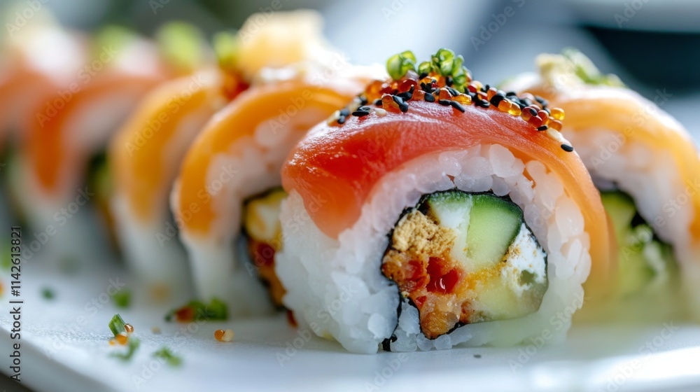 Fresh Sushi Rolls with Salmon and Vegetable Fillings on Plate Fresh Sushi Rolls with Salmon and Vegetable Fillings on Plate
