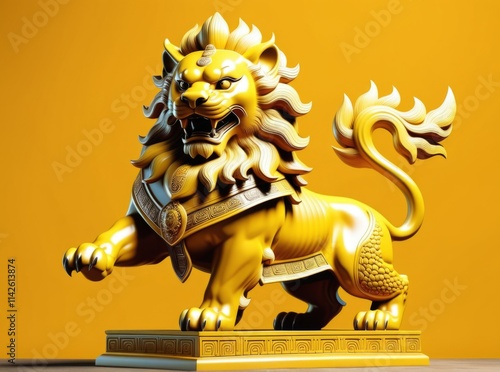 Majestic yellow lion statue stands proudly against a vibrant orange background showcasing detailed craftsmanship photo