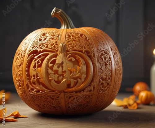 Carved pumpkin with intricate design and patterns, jack o lantern, intricate designs, autumn decoration photo