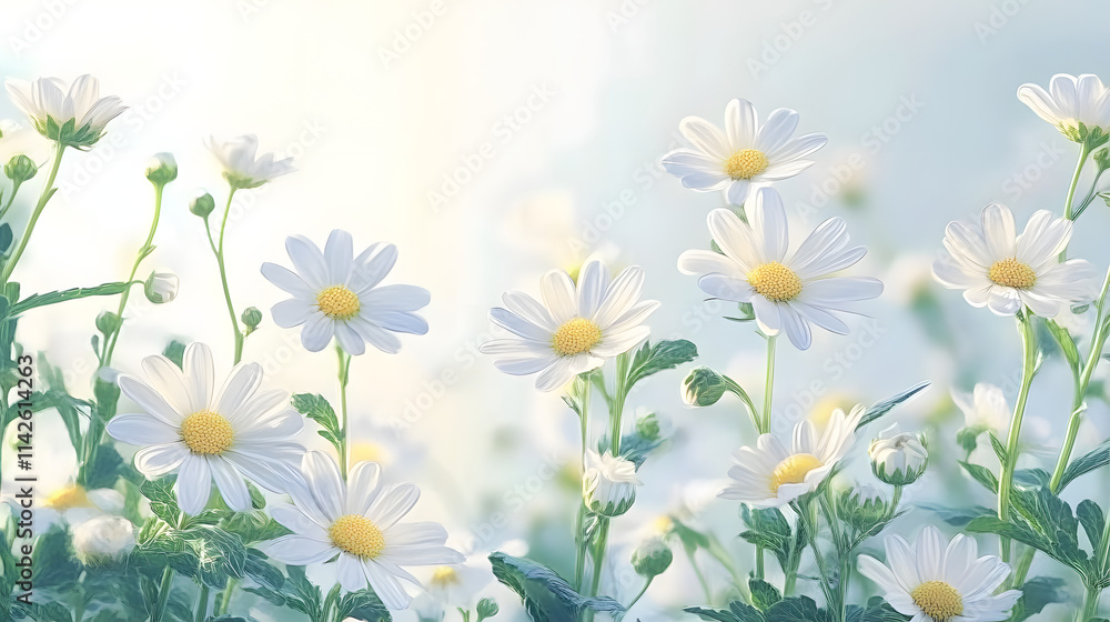 Fototapeta premium Summertime Background with Beautiful White Daisies and copy-space.