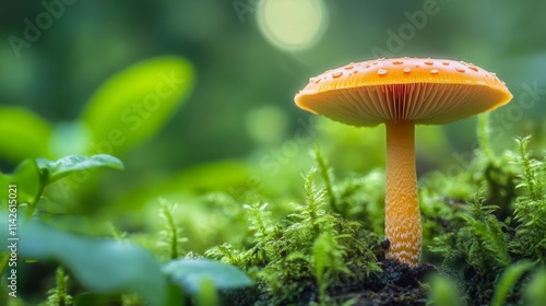 Vibrant Orange Mushroom Growing Amidst Lush Green Foliage in Forest