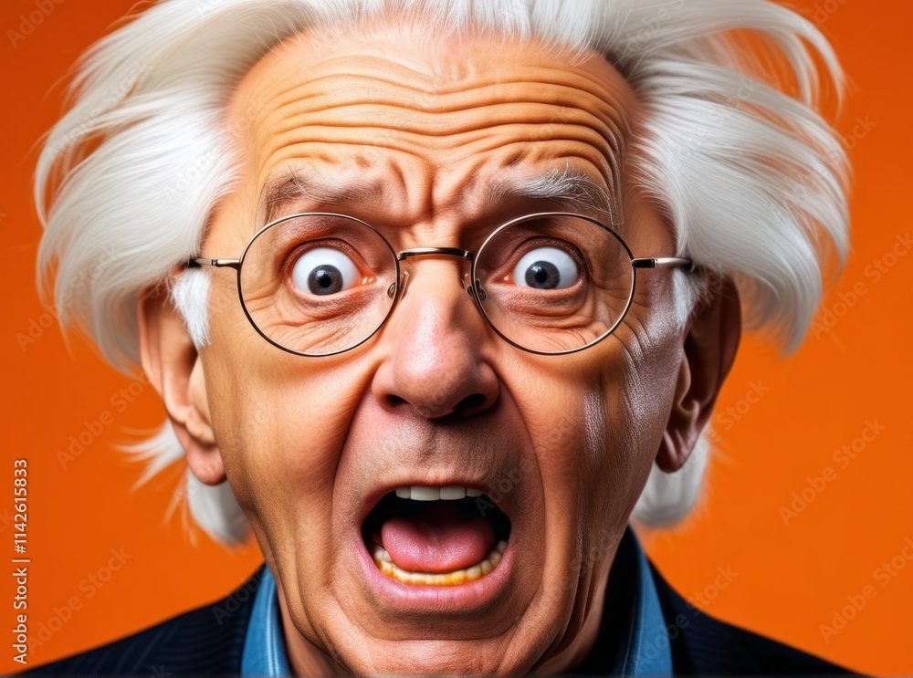Elderly man expressing shock with wild hair and glasses against a bright orange background Elderly man expressing shock with wild hair and glasses against a bright orange background